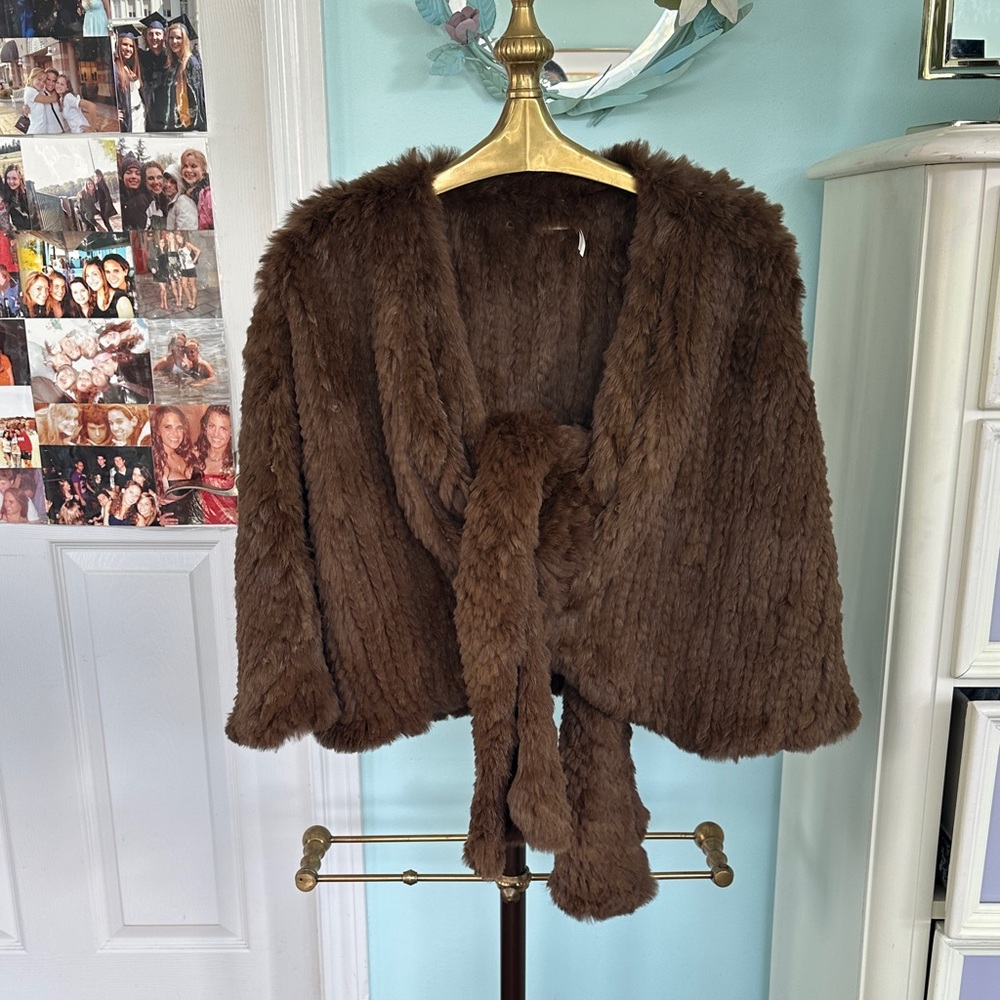 Max Studio Brown Knitted Rabbit Fur Cape with a Tie Closure. - Picture 7 of 7